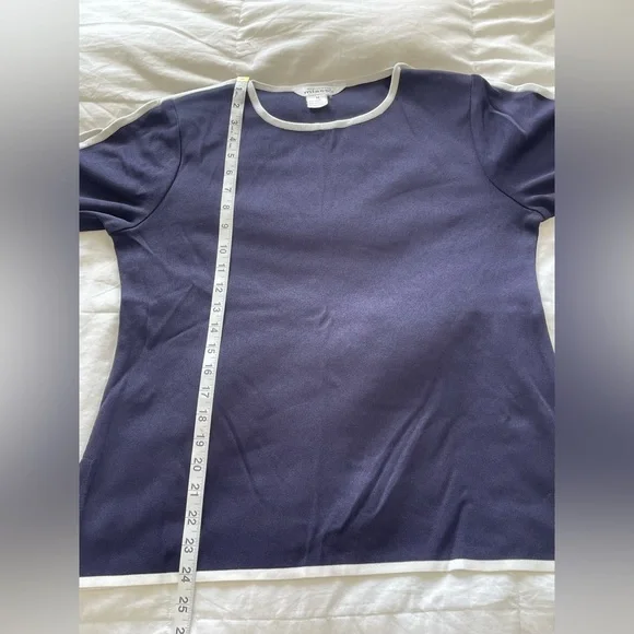 Misook Navy Blue White Trim Short Sleeve Knit Blouse Top | M - Picture 8 of 10